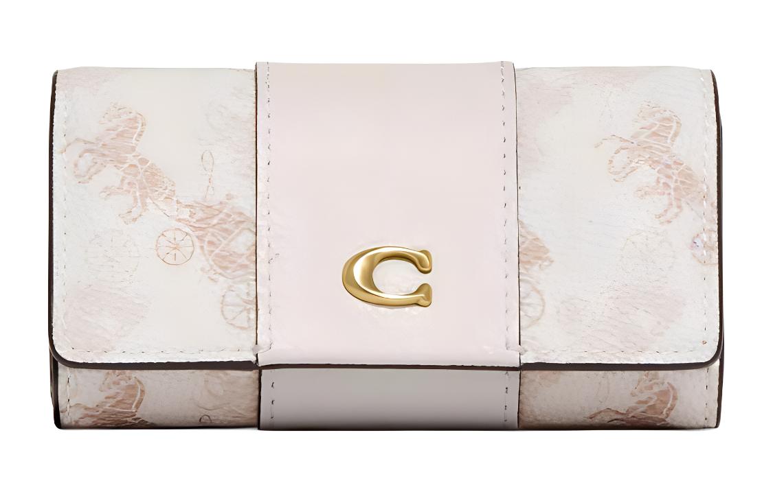 COACH Coach Key Case 11 Logo Carriage Print Quilted Hose Polished Pebble Canvas and Leather Clutch Key Case Women's Cream White