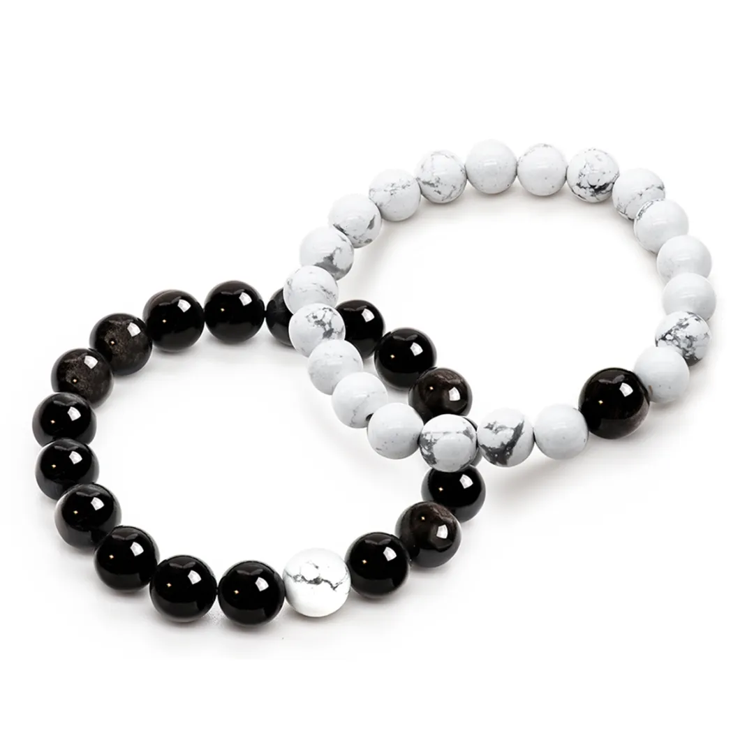 SIMPLE JOYS Silver Sheen Obsidian White Turquoise Couple Beaded Bracelet Unisex 1 Pair, Stretch