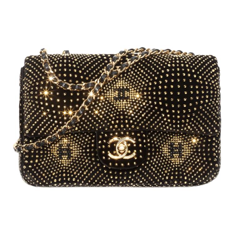 CHANEL Velvet Rhinestone Evening Bag, Shoulder Bag, Crossbody Bag Women's Black & Gold