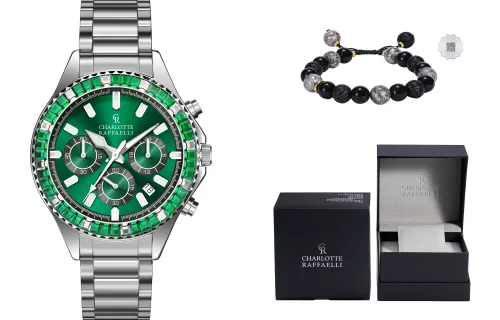 CHARLOTTE RAFFAELLI Rainbow quartz watch strap stainless steel, green dial, men's watch, gift box, men's diamond set, fashionable trend calendar, quartz mechanism, 42mm, three-eye chronograph