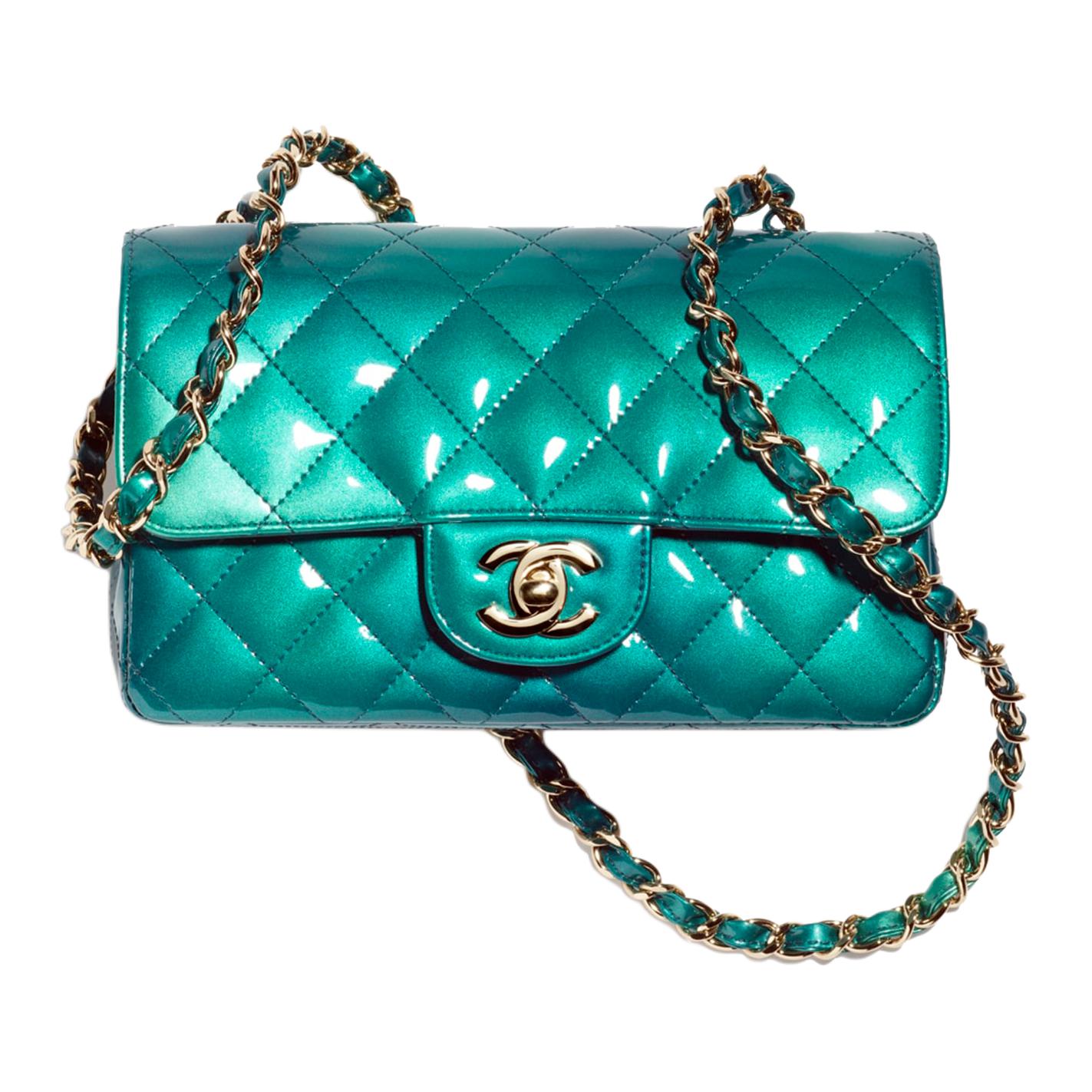 CHANEL Calf Patent Leather Flap Bag, Shoulder Bag, Crossbody Bag Mini Women's Green/Blue