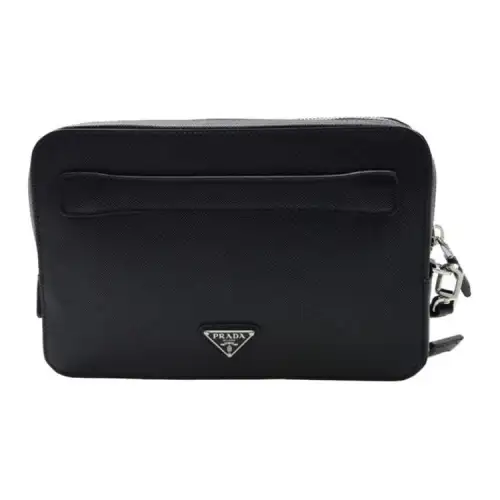 PRADA Zip Closure Saffiano Cow Leather Clutch Men's Black