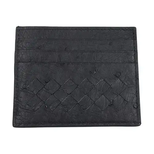Bottega Veneta Intrecciato Ostrich Leather Card Holder Men's Black