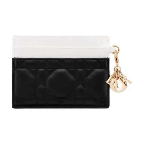DIOR Lady Dior Wicker Pattern Sheepskin Card Holder Card Holder Women's Color & Milk White