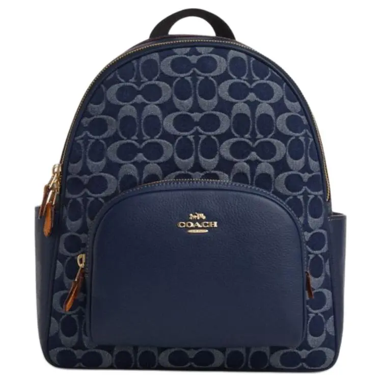 COACH Court Fabric With Cow Leather Backpack Large Women's Denim Blue With Natural Color