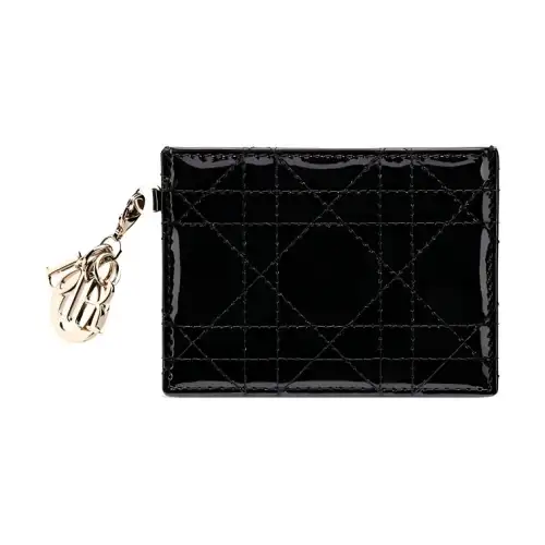 DIOR Lady Dior Wicker Pattern Cow Leather Card Holder Women's Black