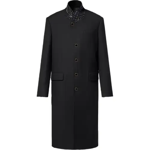 Lv Embroidered Standing Collar Single Breasted Coat