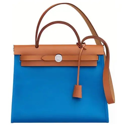 HERMES Herbag Zip H Berline Canvas And Hunter Cow Leather Shoulder Bag, Crossbody Bag, Handbag 31 Unisex Tawny/Blue