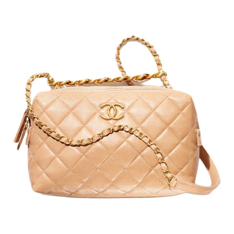 CHANEL 22SS Calfskin Bowling Bag, Chain Shoulder Bag, Crossbody Bag Small Women's Beige