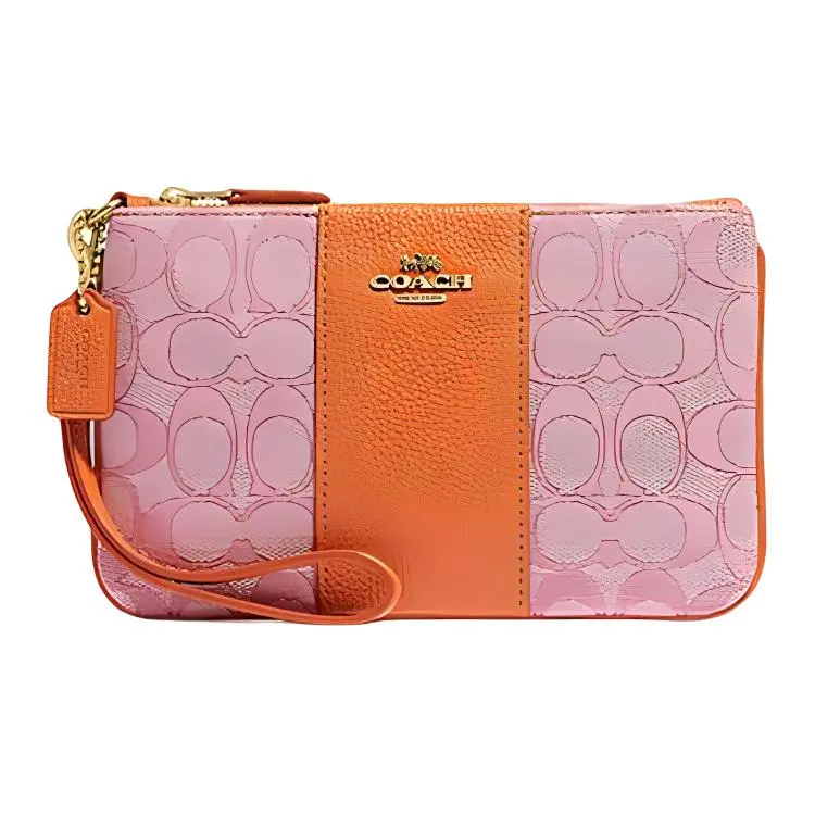 COACH Corner Zip Fabric With Pebbled Leather Clutches Small Women's Orange & Pink Monogram