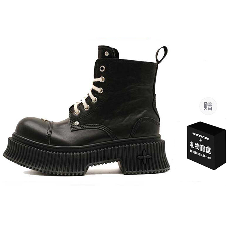 SMFK Cow Leather Short Combat Boots 5.5cm Women's Black