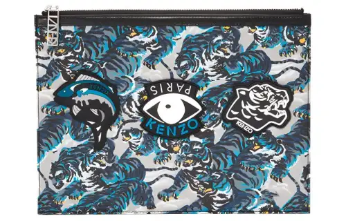 KENZO Polyester With Calfskin Clutch Large Men's Blue & Black & Multicolor