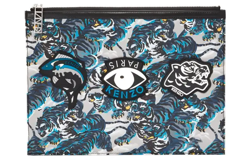KENZO Polyester With Calfskin Clutch Large Men's Blue & Black & Multicolor