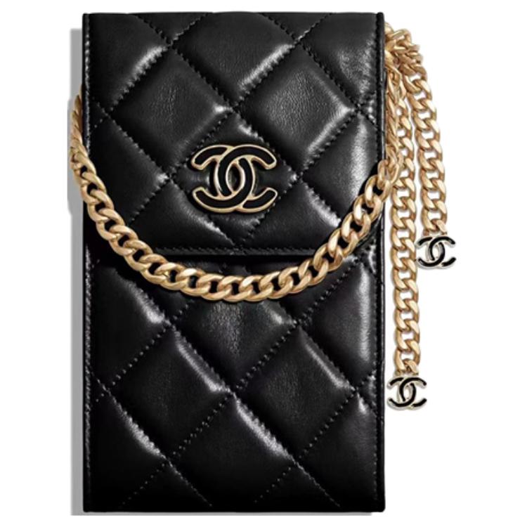 CHANEL Sheepskin Cell Phone Pouch Unisex Black