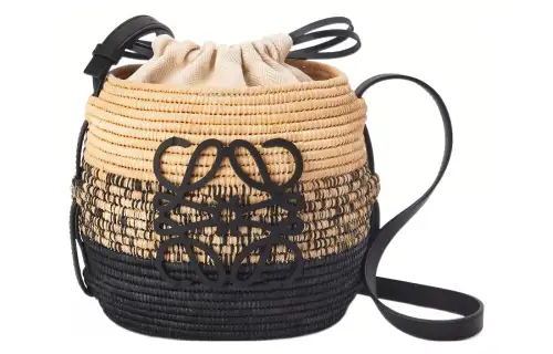LOEWE Beehive Basket Raffia Fiber Shoulder Bag Women's Linen/Black