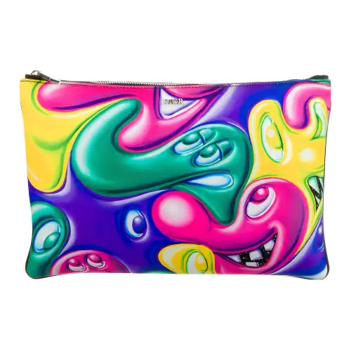 DIOR Kenny Scharf Collaboration Silver Tone Buckle Nylon Handbag Clutch Women's Multicolor Print