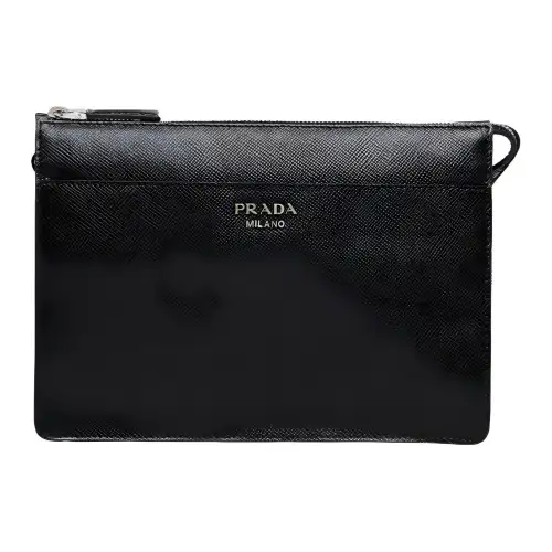 PRADA Saffiano Zip Closure Cow Leather Clutch Men's Black