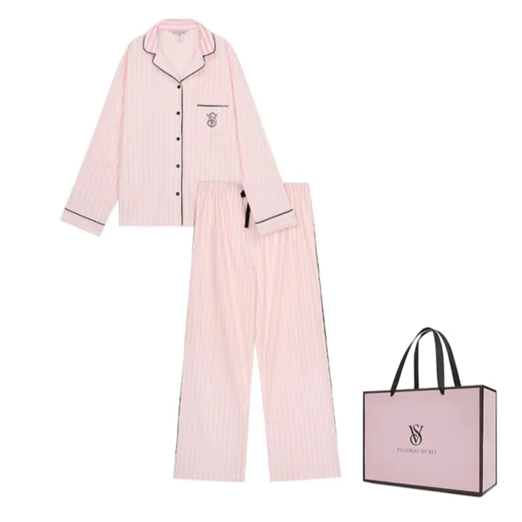 Victoria's Secret Sweet Limited THE MIX Pajama Set Brushed Texture Lightweight Warm Women's Pink Mist Stripes