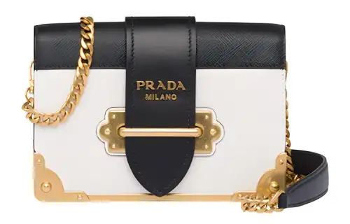 PRADA Saffiano Calfskin Shoulder Bag, Crossbody Bag Women's Black/White/Gold