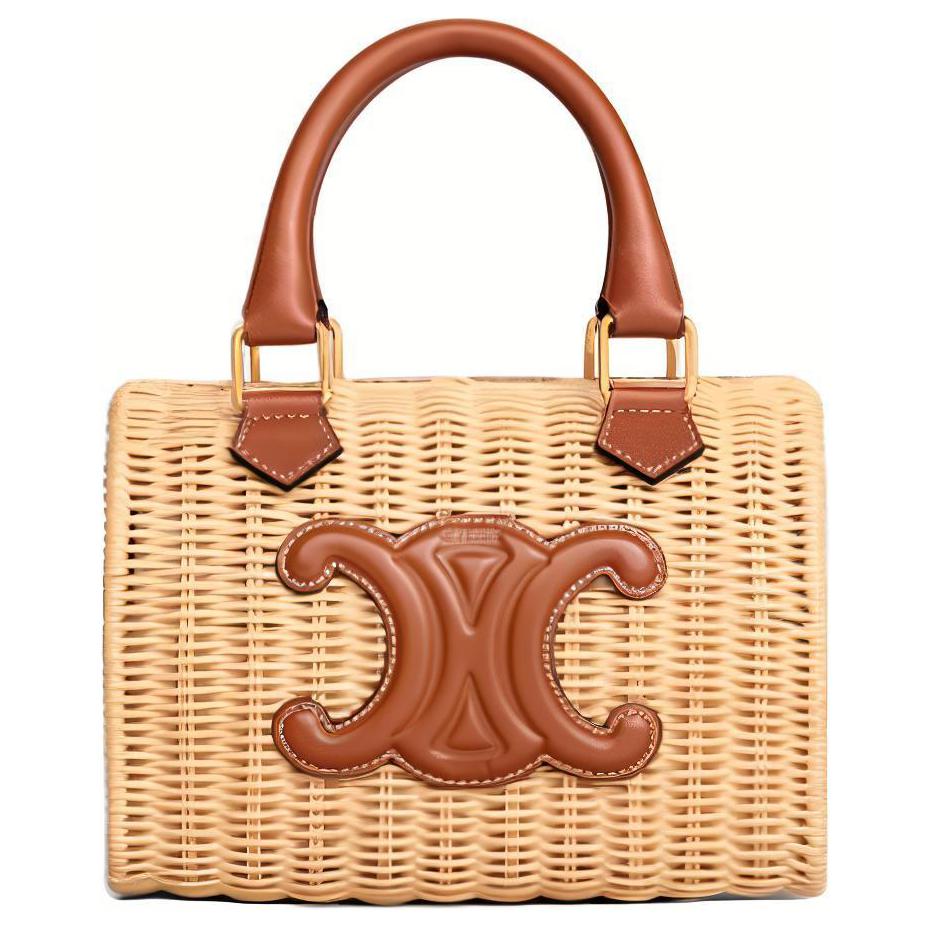 CELINE Cuir Triomphe Wicker With Calfskin Handbag Small Women's Natural & Tan