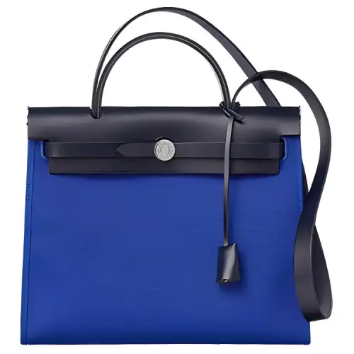 HERMES Herbag Zip Cowhide Patchwork Canvas Shoulder Bag, Crossbody Bag, Handbag 31 Unisex Black/Marine Blue
