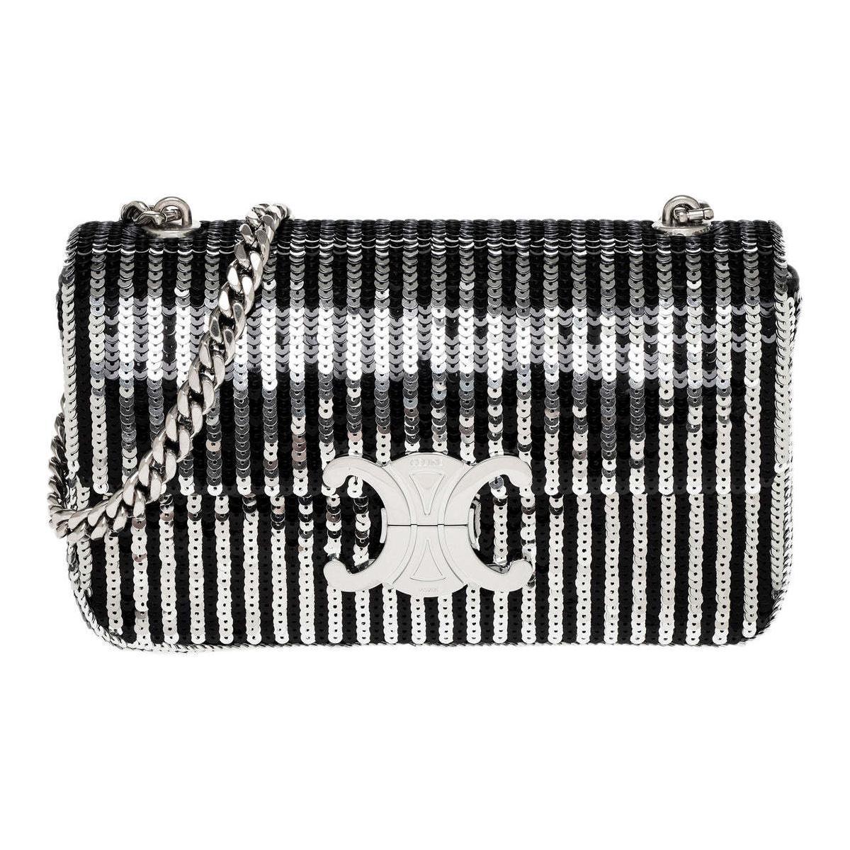 CELINE Triomphe Sequins Satin Handbag, Shoulder Bag, Crossbody Bag Women's Black & Silver