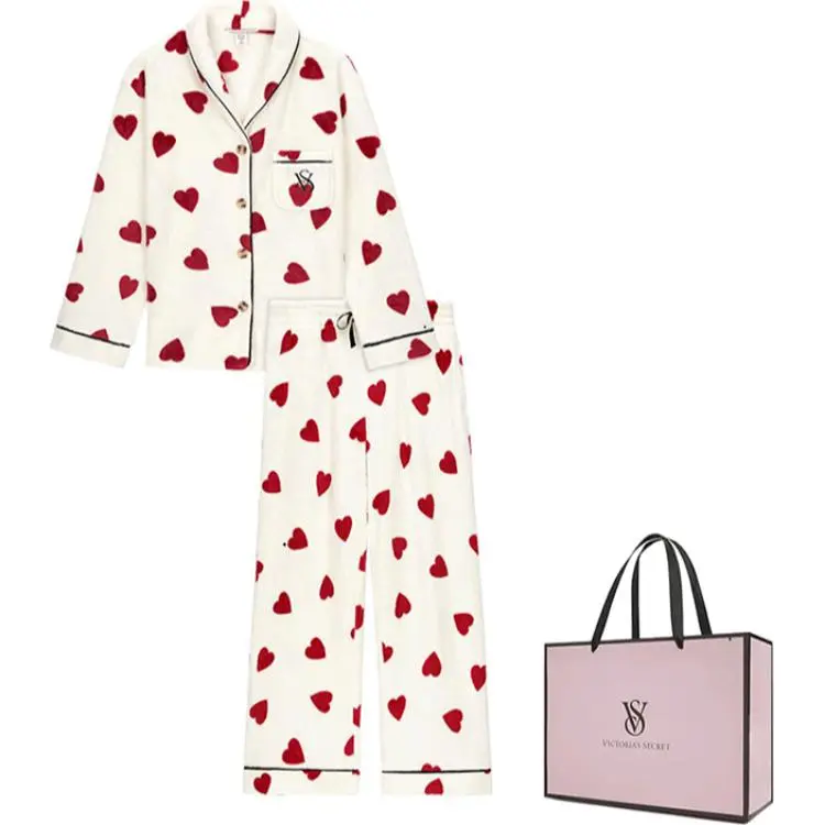 Victoria's Secret Pajama Set Plumping Soft And Fitting Warmth Instantly Women's Heartbeat White
