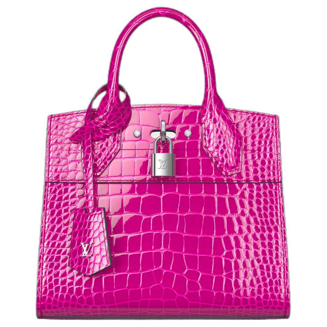 LOUIS VUITTON CITY STEAMER metal logo key bell glossy crocodile leather shoulder crossbody handbag mini women's rose purple