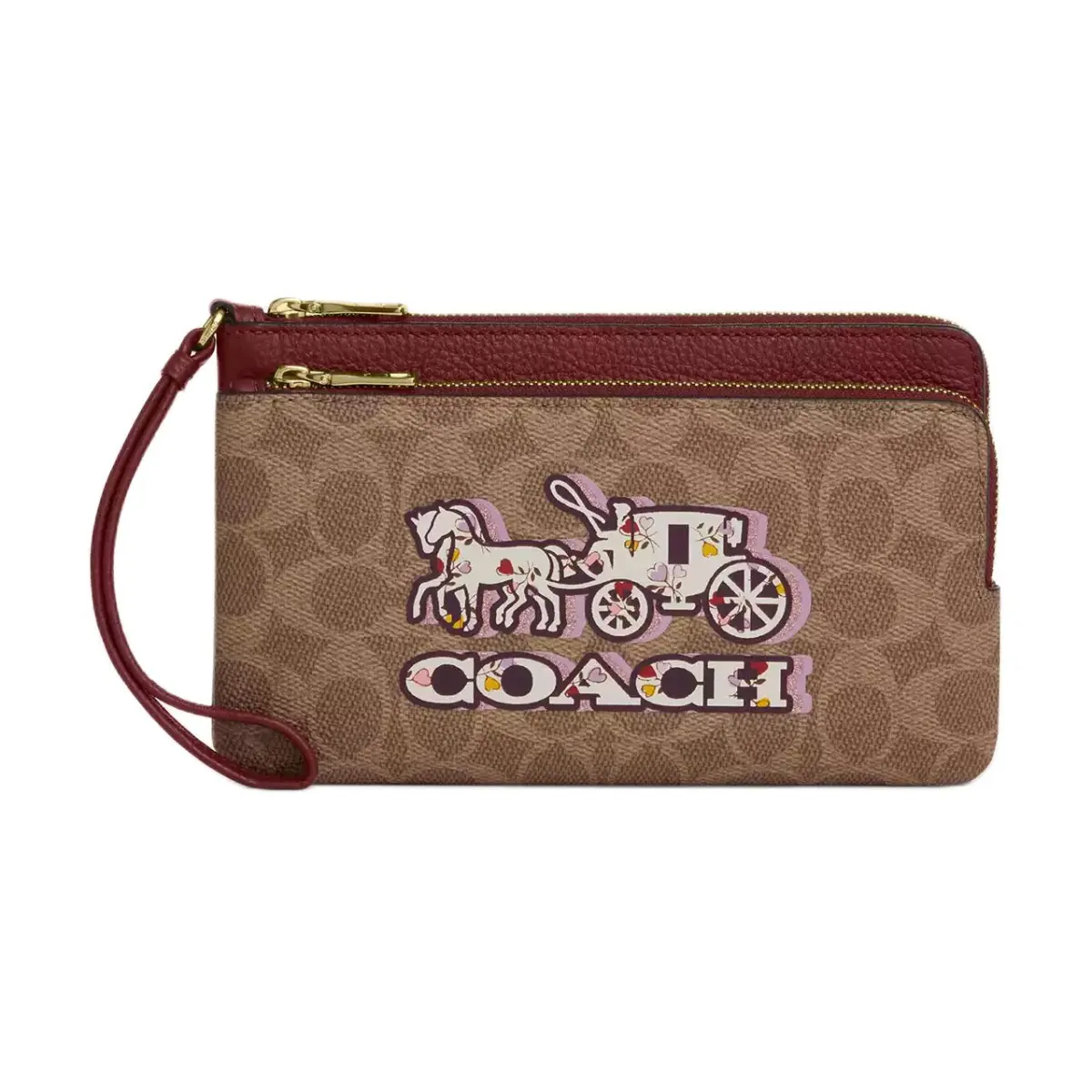 COACH Double Zip Wallet Coated Canvas Wallets Women's Tan & Black Cherry