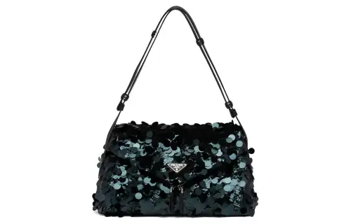 PRADA Sequins Embroidery With Leather Handbag, Shoulder Bag Women's Dark Green