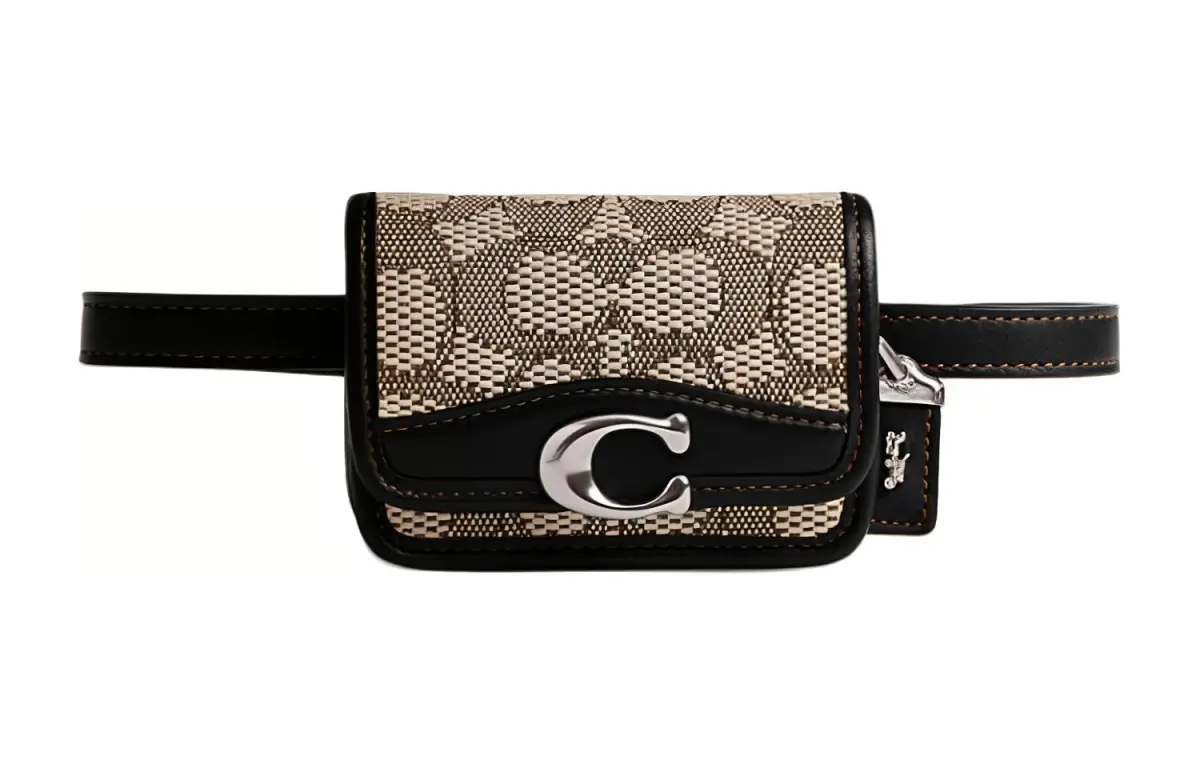 COACH Bandit Jacquard With Glove Tanned Leather Coin Purse, Card Holder, Fanny Pack Mini Women's Black & Khaki