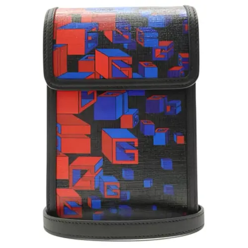 GUCCI Canvas With Leather One Shoulder Crossbody Cell Phone Pouch Men's Black/Blue/Red