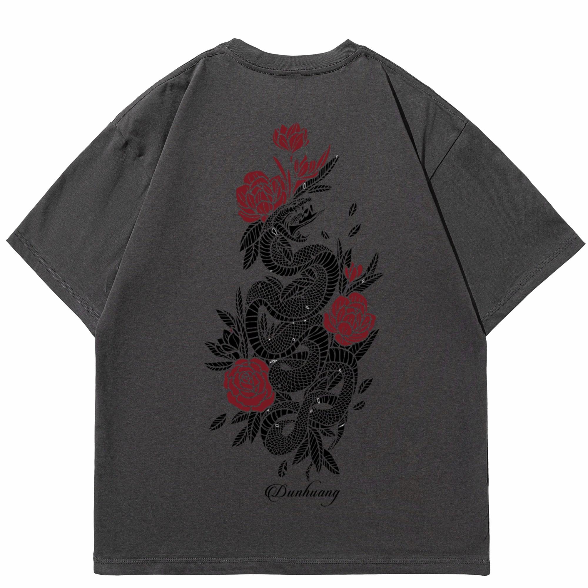Dunhuang Fine Arts Institute American high street cleanfit style pure cotton heavyweight simple full-print new Chinese-style trendy snake and floral pattern round neck loose short-sleeve T-shirt unisex