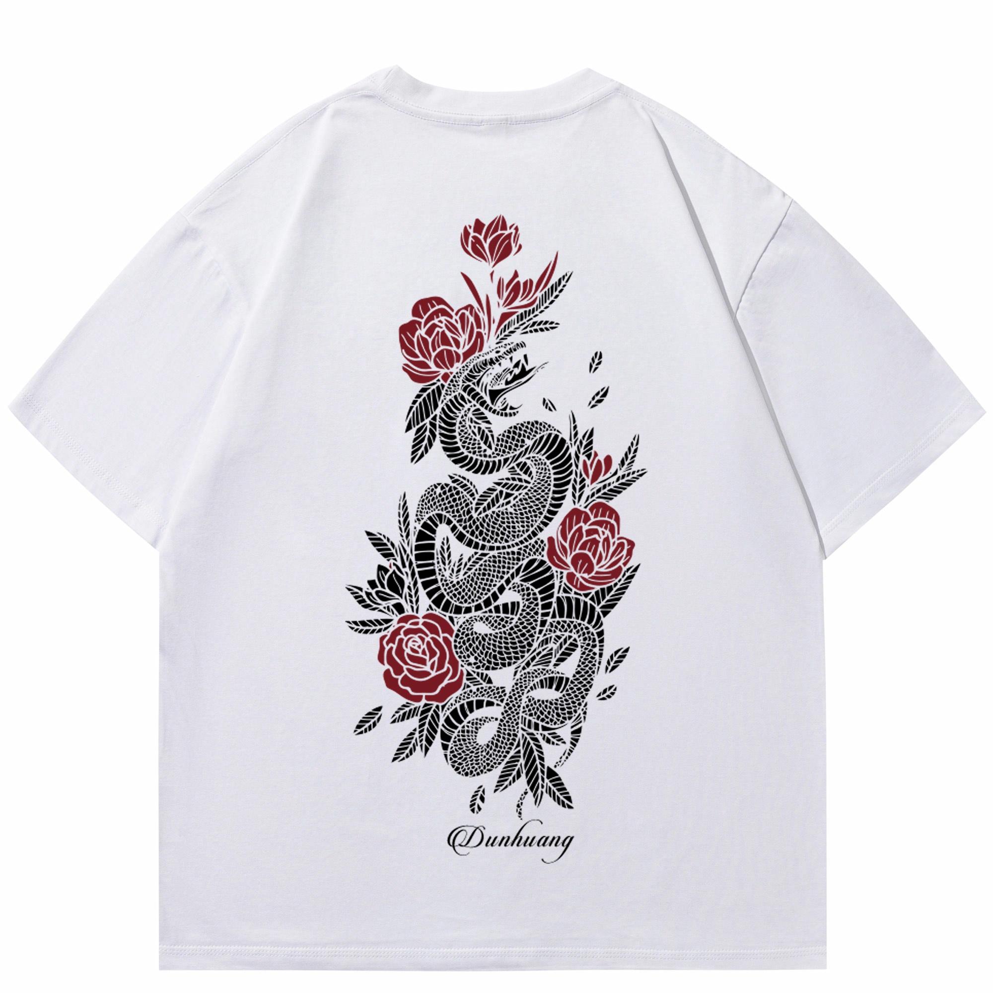Dunhuang Fine Arts Institute American high street cleanfit style pure cotton heavyweight simple full-print new Chinese-style trendy snake and floral pattern round neck loose short-sleeve T-shirt unisex