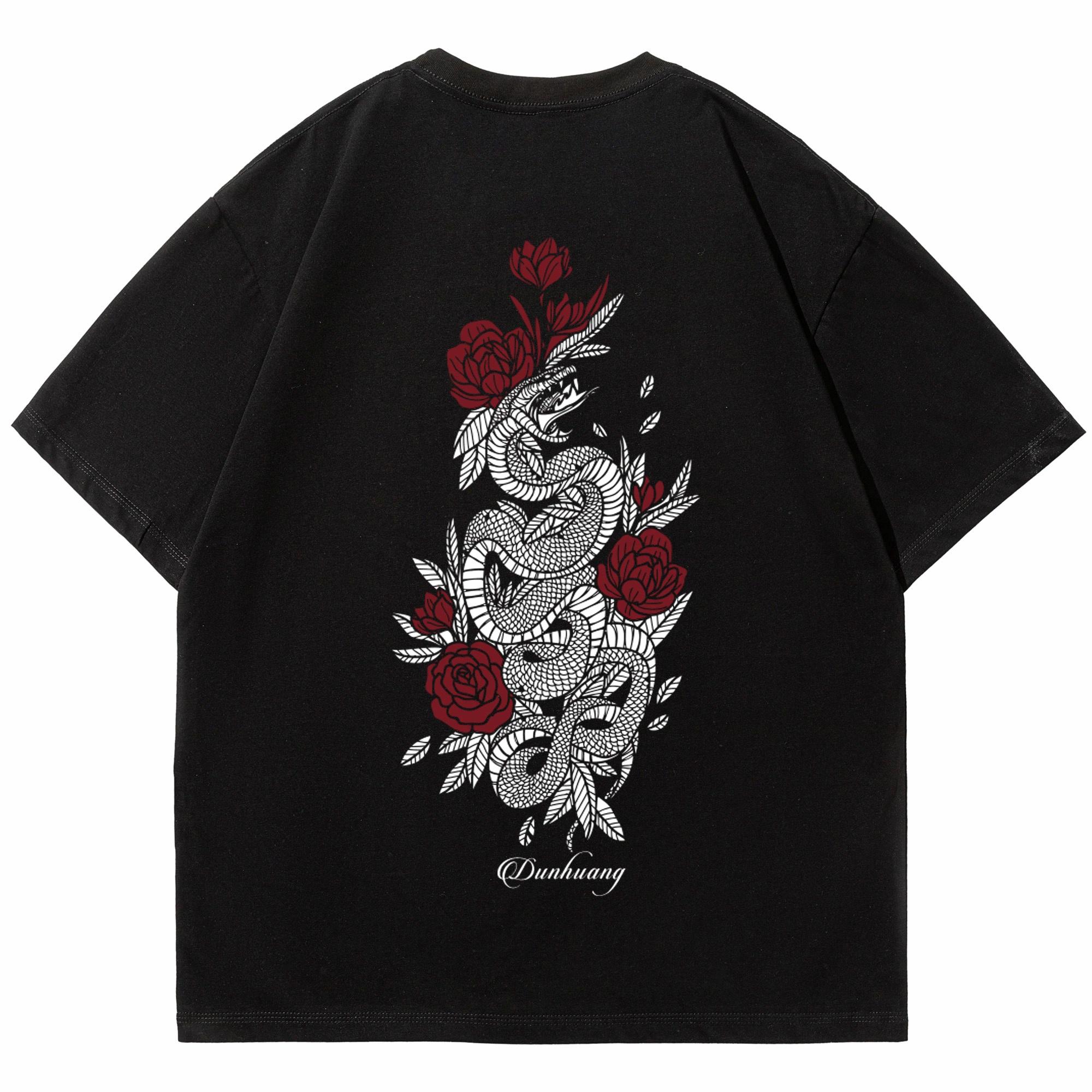 Dunhuang Fine Arts Institute American high street cleanfit style pure cotton heavyweight simple full-print new Chinese-style trendy snake and floral pattern round neck loose short-sleeve T-shirt unisex