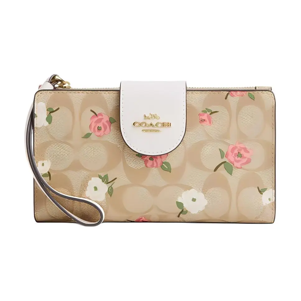 COACH Coated Canvas With Smooth Leather Wallet Regular Women's Gold & Light Khaki & Chalk Multicolor
