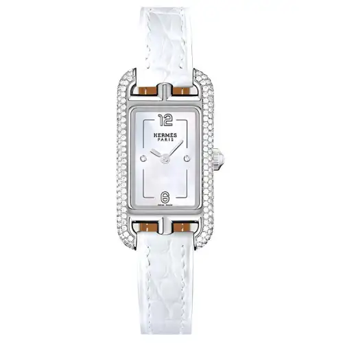 HERMES Nantucket Wrist Watches Quartz Movement Crocodile Leather Strap White Dial Women's Watch 30m Water Resistant