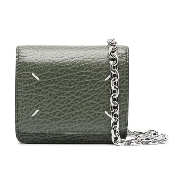 Maison Margiela Maison Margiela Signature Four White Stitched Numbers Logo Embossed Grained Leather Shoulder Crossbody Wallet Women's Forest Green