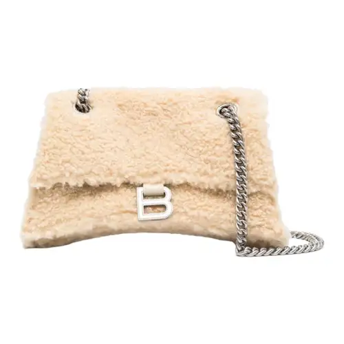 Balenciaga Crush Fabric With Calfskin Handbag, Shoulder Bag Women's Beige