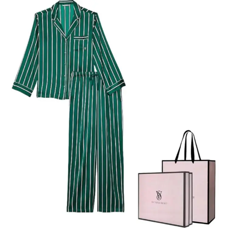 Victoria's Secret Satin Long Pajama Set Pajama Set Women's Green Stripes