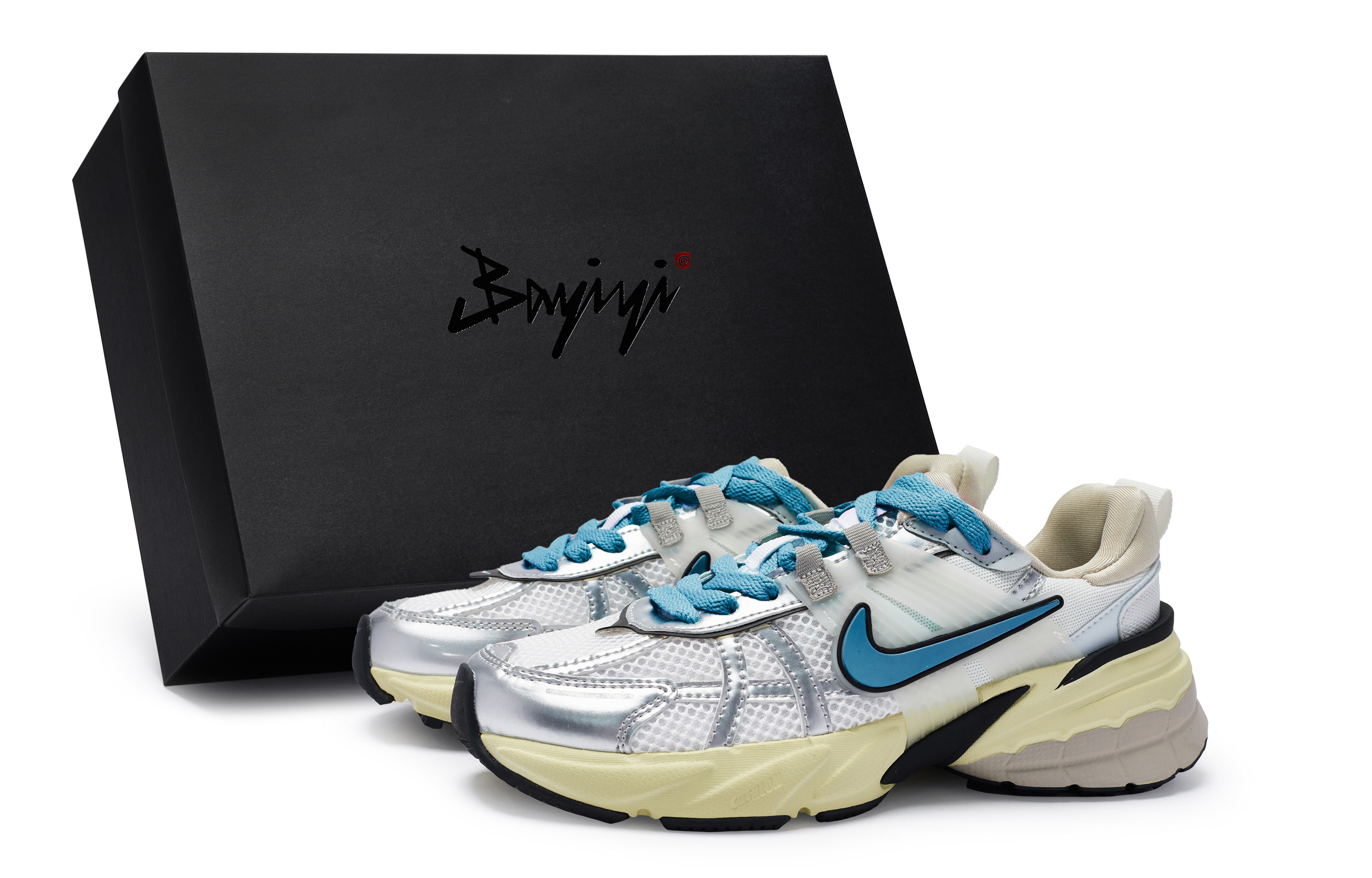 Nike V2K Run Cushioning Slip Resistant Low top Running Shoes Women’s White Silver Lake Blue