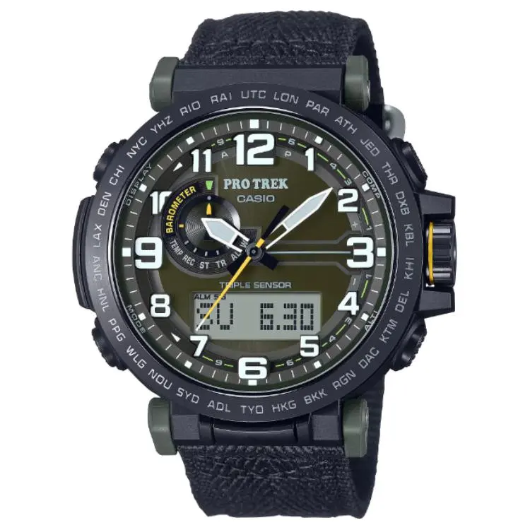 CASIO ['100', 301050]m Waterproof Solar Movement Canvas Strap Watch Men's Watches Green Dial