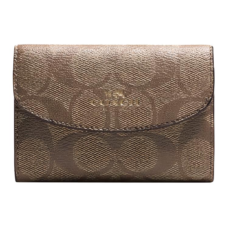 COACH Coach key case 11 leather classic presbyopia logo compact foldable portable artificial leather key case regular women's khaki with saddle brown