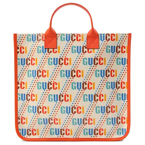 GUCCI Canvas With Leather Tote Bag, Shopping Bag, Handbag Kids' Ecru & Orange