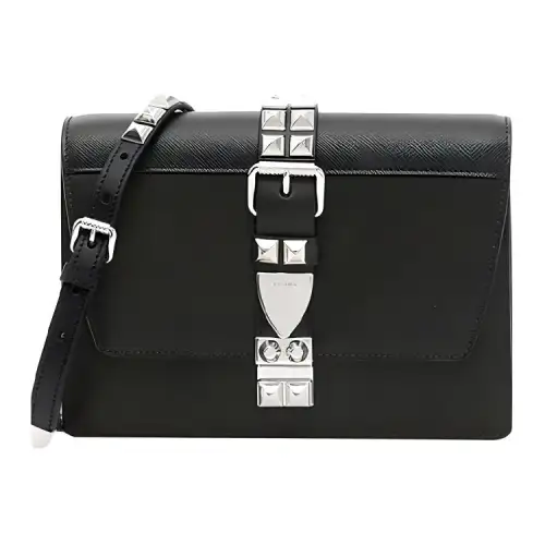 PRADA Silver Tone Buckle Cow Leather Messenger Bag, Shoulder Bag, Crossbody Bag Women's Black