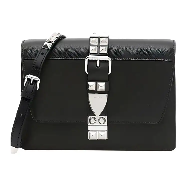PRADA Silver Tone Buckle Cow Leather Messenger Bag, Shoulder Bag, Crossbody Bag Women's Black