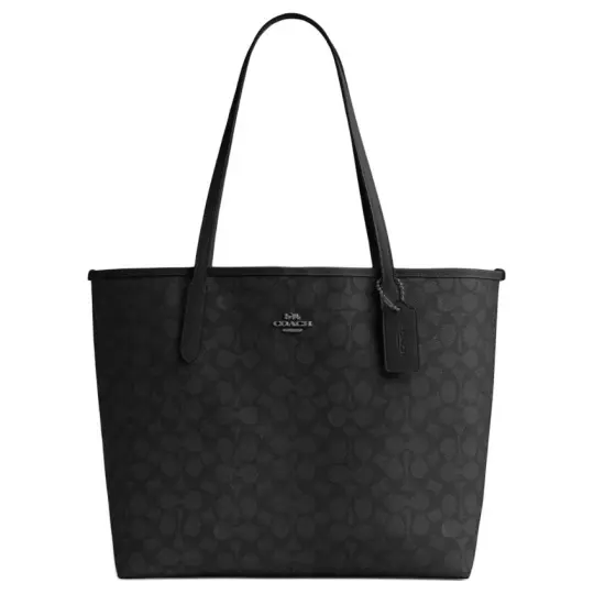 COACH City 33 пластинка с логотипом, магнитная застежка-пряжка, искусственная кожа, большая сумка, сумка для покупок, сумочка, большой размер, женская модель, угольно-черный