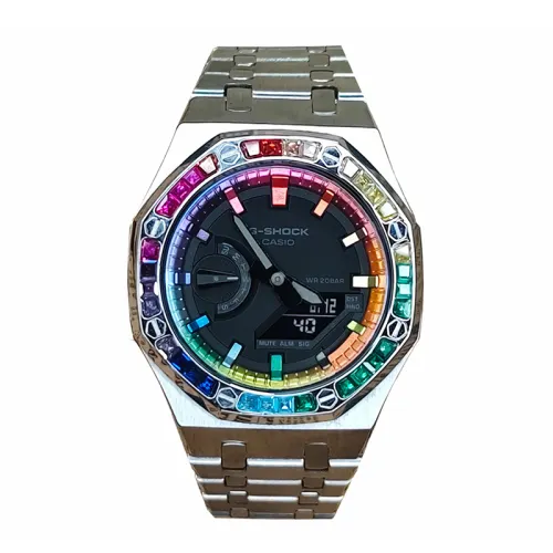Casio, modified rainbow quartz waterproof watch strap stainless steel for men and women, black dial, custom-made, 200meter, quartz mechanism, Japanese and Korean