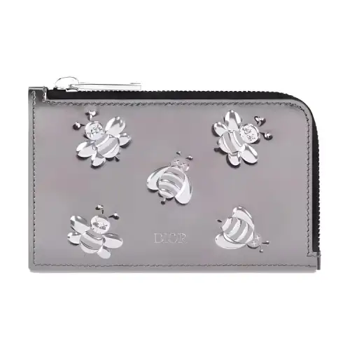 DIOR KAWS Collaboration Calfskin Coin Purse, Card Holder Men's Silver