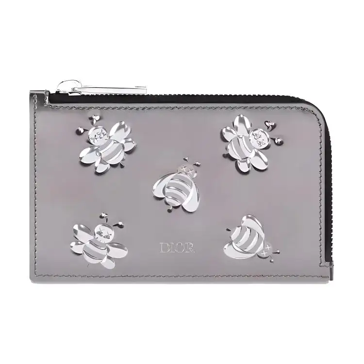 DIOR KAWS Collaboration Calfskin Coin Purse, Card Holder Men's Silver